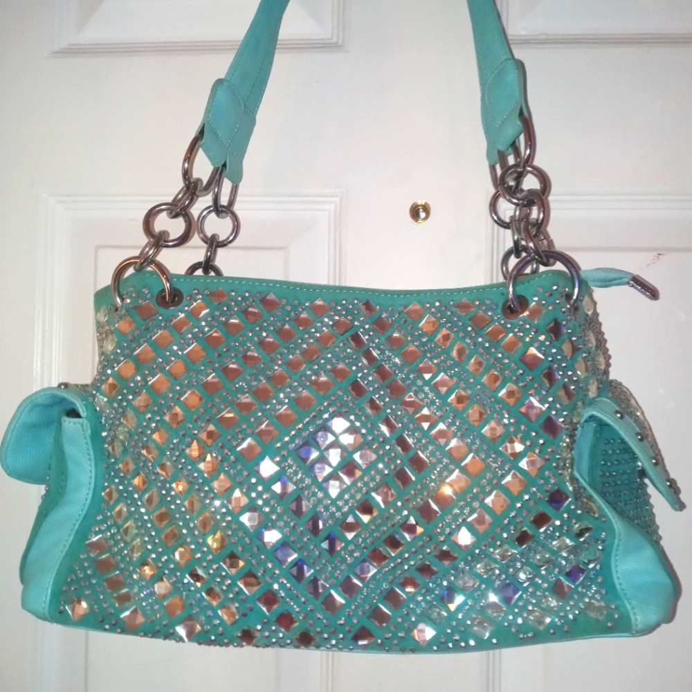 Genuine leather crystal diamond turquoise purse